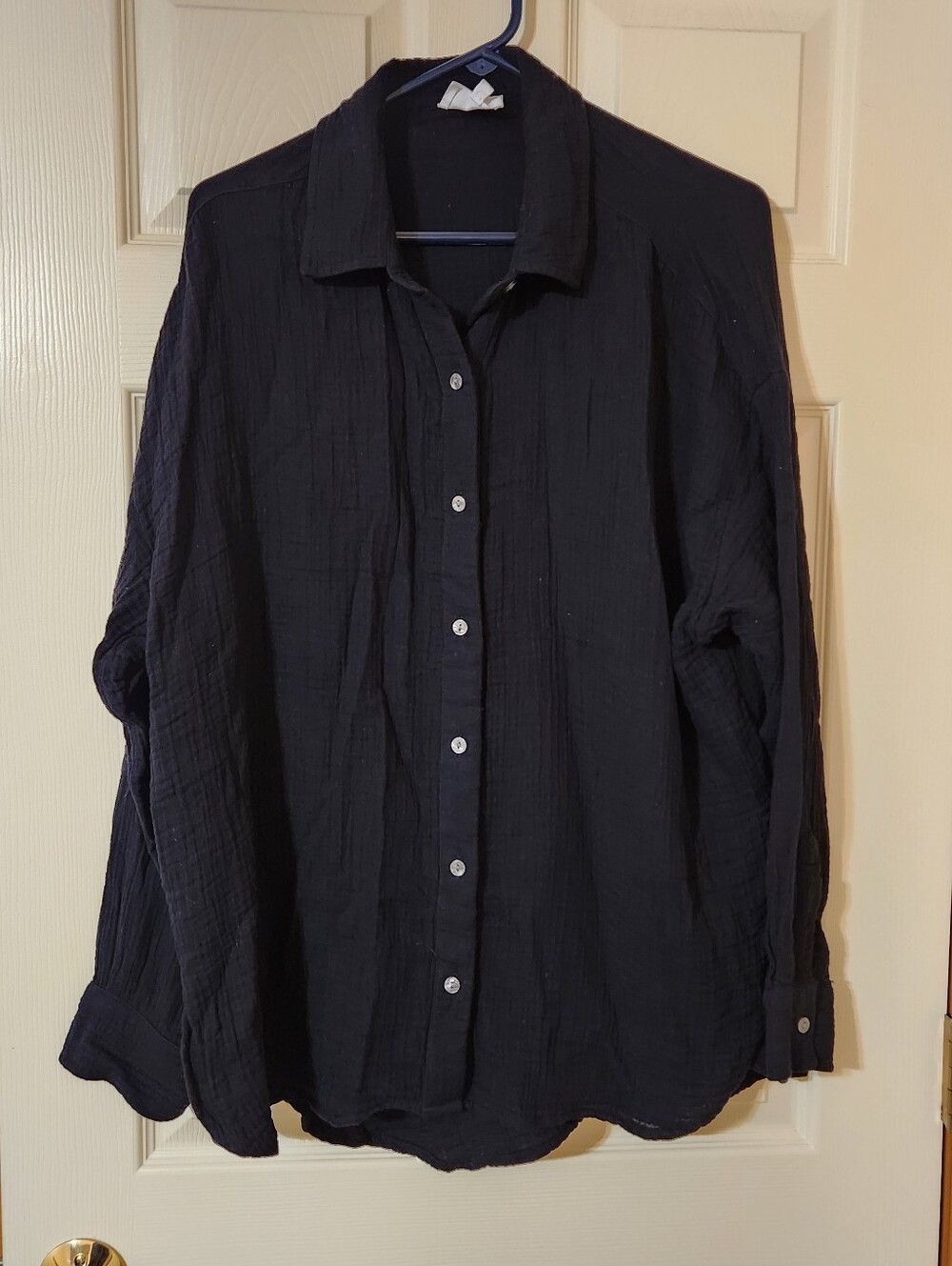 Lou & Gray 100% Cotton Button Down Gauzy Crepe Black Shirt Relaxed Fit Oversized